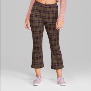 Wild Fable Dashing Pink Green Plaid Check Pull On Cropped Flare Pant NWT Size XS